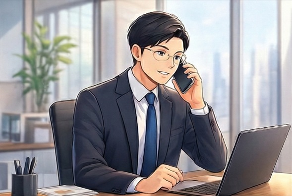 ビジネスマンがオフィスで電話を受けているシーン