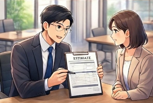 ビジネスマンが書類を顧客に見せて説明するシーン