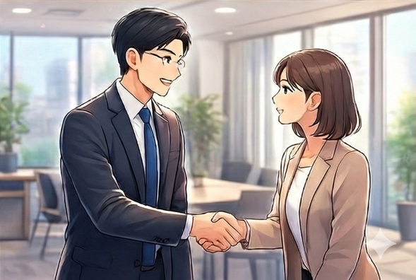 ビジネスマンと顧客が打ち合わせ室で握手するシーン
